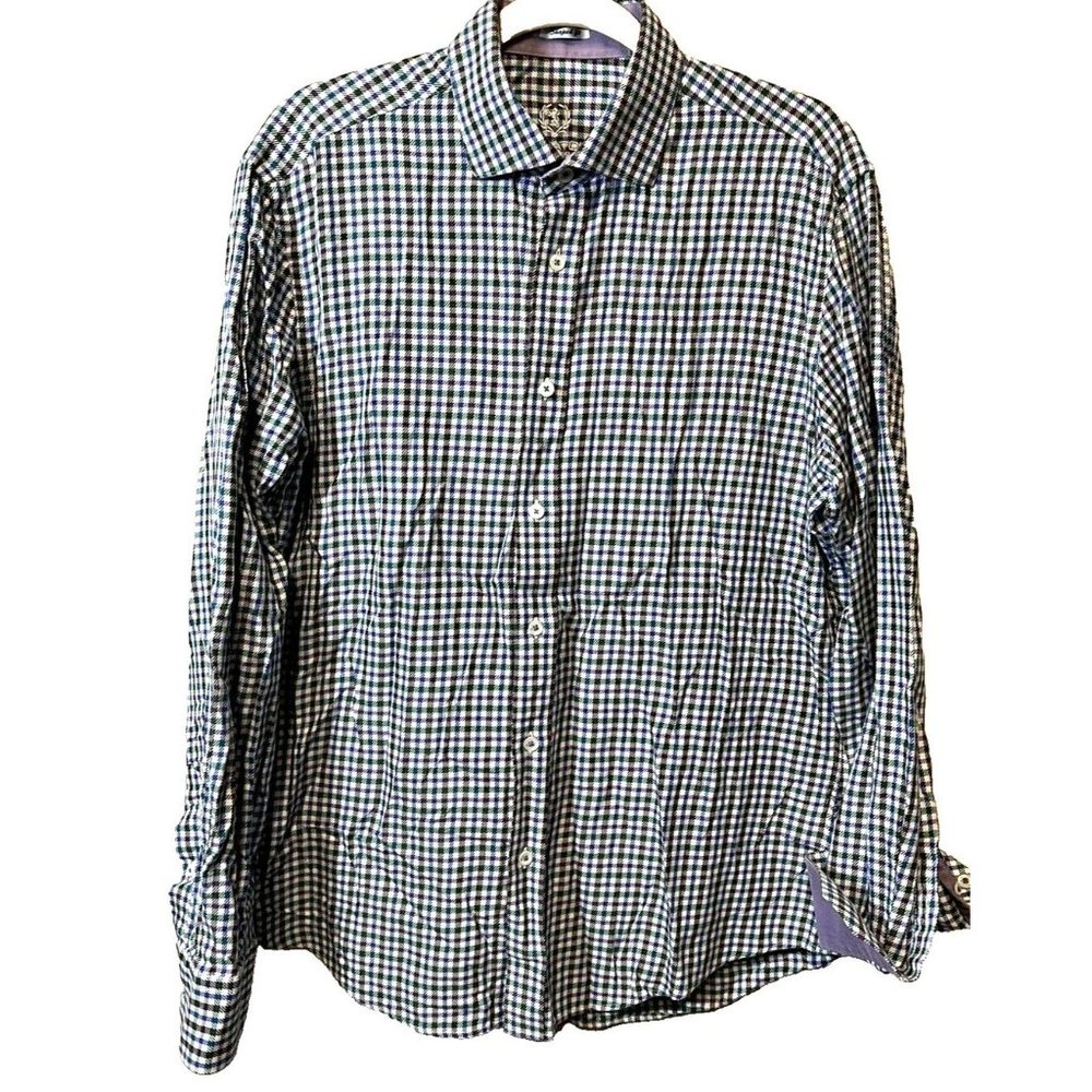 Bugatchi Men Shirt Large Long‎ Sleeve Button Down Purple Green Check Shaped Fit